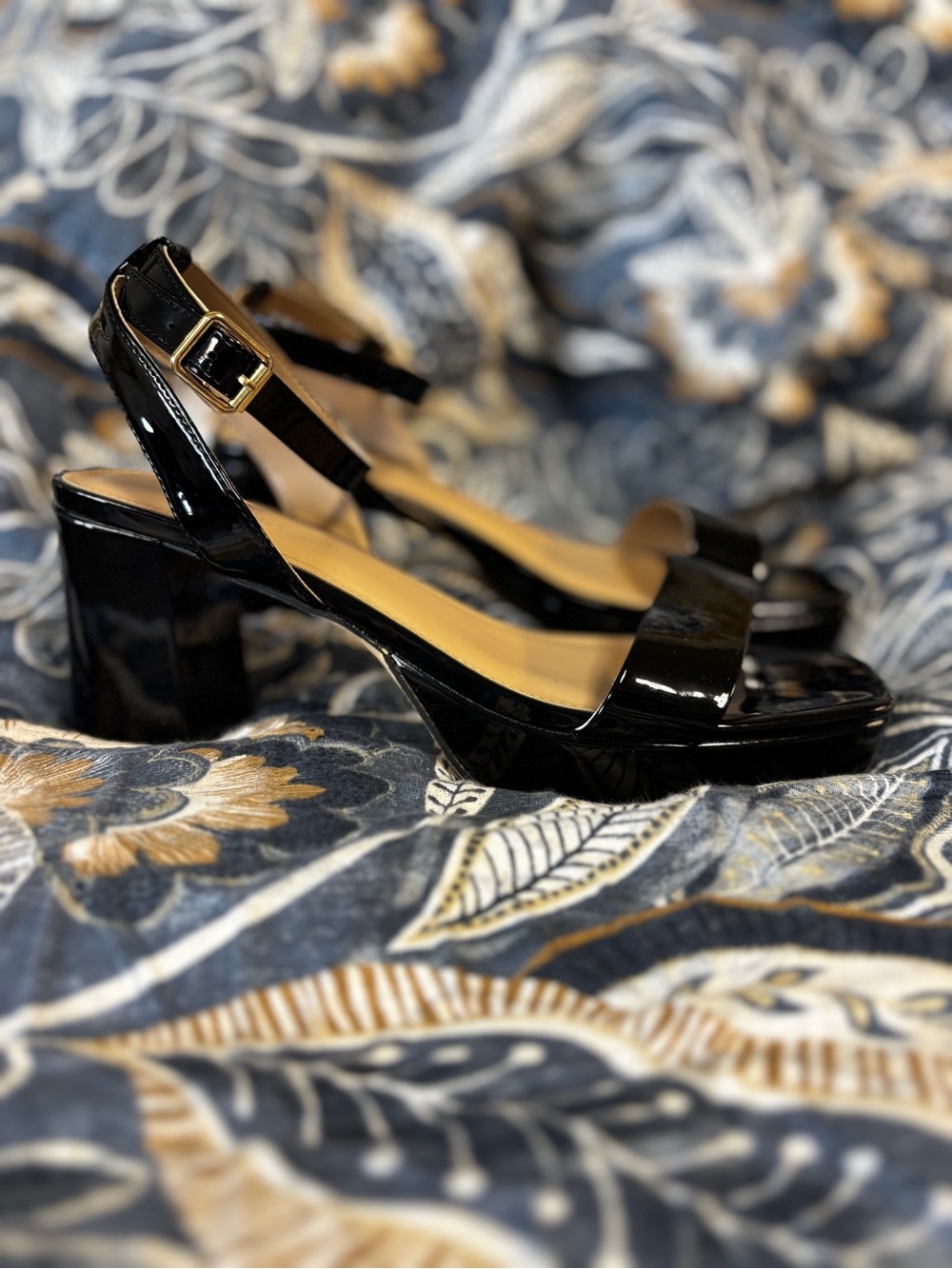 Rachel Zoe Black Patent Block Heel Sandals with Gold Buckle